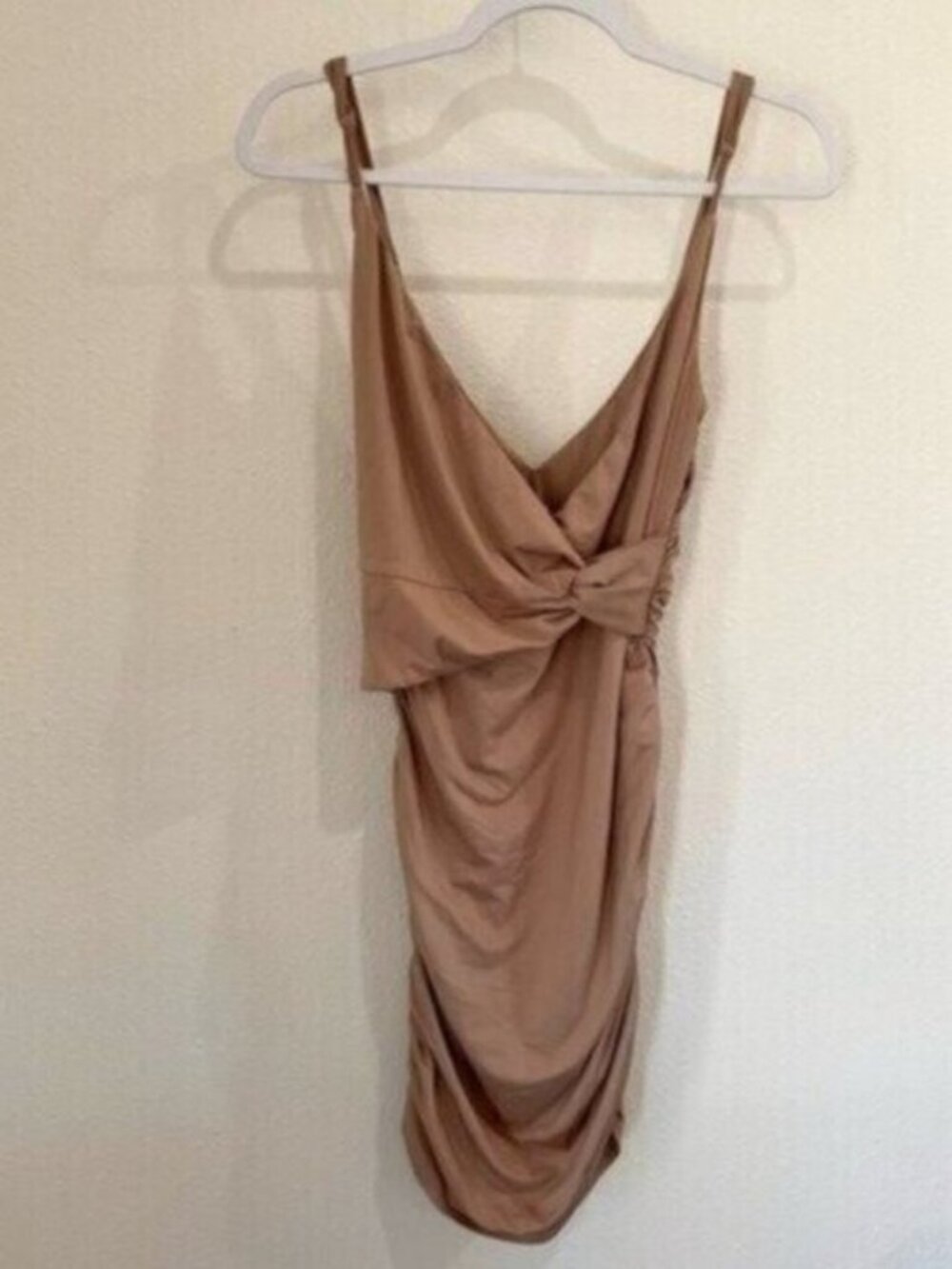 TOBI Neutral Ruched Contemporary Cocktail Faux Wrap Stretch Bodycon Mini Dress